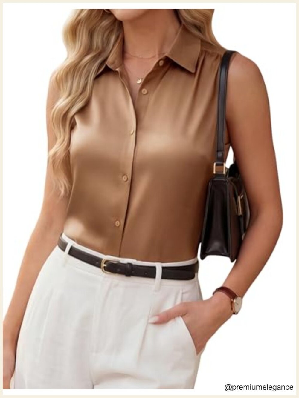 Satin Silk Sleeveless Pleated Button Down Tank Top Blouse